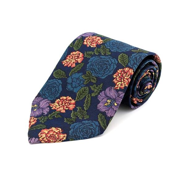 Vintage Viaggio Tie Silk Twill Bold Floral Tapestry Inspired Navy Purple Red 90s - Picture 1 of 9